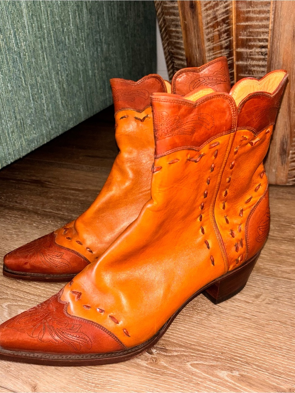 Charlie Horse Brown Leather Western Boots w/Burnt Orange trim Women's 10B